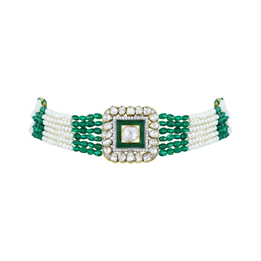 Polki Choker with Green Talaf, Emerald and Pearl Strands